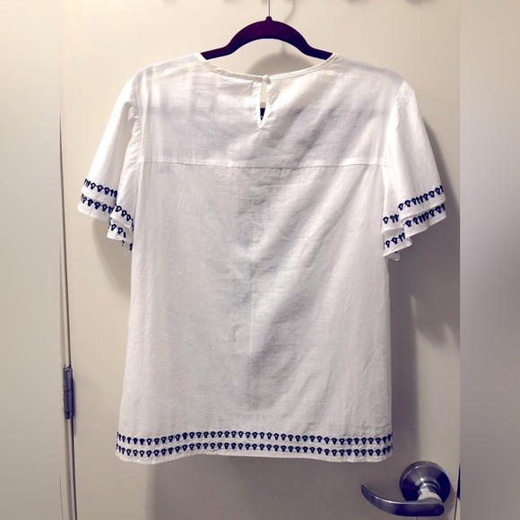 CHARTER CLUB- Navy Blue Embroidery on White Cotton Blouse. Size L - Picture 4 of 10